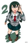  asui_tsuyu black_legwear boku_no_hero_academia brown_footwear cafekun countdown foreshortening from_above full_body green_skirt hair_between_eyes hair_rings kneehighs long_hair long_sleeves necktie pigeon-toed pleated_skirt red_neckwear school_uniform simple_background skirt solo tongue tongue_out u.a._school_uniform v white_background 