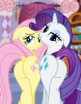  2015 big_butt blue_eyes butt butt_bump cutie_mark dock duo equine female feral fluttershy_(mlp) friendship_is_magic hair hi_res horn horse inside looking_at_viewer looking_back makeup mammal my_little_pony pink_hair pony presenting presenting_hindquarters purple_hair raised_tail rarity_(mlp) shutterflyeqd smile unicorn white_body yellow_body 