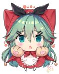  blush chestnut_mouth chibi commentary_request fang gloves green_eyes green_hair hair_ornament hairclip heart heart-shaped_pupils kantai_collection little_red_riding_hood long_hair looking_at_viewer maruma_(maruma_gic) paw_gloves paws signature solo symbol-shaped_pupils white_background yamakaze_(kantai_collection) 