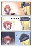  &gt;_&lt; ... 3koma ? ark_royal_(kantai_collection) bangs bismarck_(kantai_collection) blonde_hair blunt_bangs blush bob_cut broken_heart chibi cleavage_cutout comic commentary dress fingerless_gloves flower gloom_(expression) gloves hair_flaps hairband hands_together hat head_tilt heart highres jacket kantai_collection long_sleeves o_o off-shoulder_dress off_shoulder outstretched_arms peaked_cap red_flower red_hair red_ribbon red_rose ribbon rose shaded_face short_hair silent_comic tiara tweetdian white_corset 