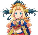  aztec beads blonde_hair blue_cape blush bracer breasts cape chin_piercing closed_mouth collarbone eyebrows eyebrows_visible_through_hair eyes_visible_through_hair fate/grand_order fate_(series) green_eyes groin hair_beads hair_intakes hair_ornament headband headdress jewelry large_breasts long_hair low-tied_long_hair navel neck_ring piercing poncho quetzalcoatl_(fate/grand_order) simple_background smile solo stomach tsukko_(3ki2ne10) twitter_username underboob white_background 