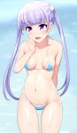  1girl bare_arms bare_legs bare_shoulders bikini blue_bikini blush breasts collarbone cowboy_shot embarrassed erect_nipples eyebrows eyebrows_visible_through_hair highres hips legs long_hair looking_at_viewer matching_hair/eyes mound_of_venus new_game! open_mouth purple_eyes purple_hair shin&#039;ya_(shin&#039;yanchi) shy simple_background small_breasts solo standing suzukaze_aoba swimsuit thigh_gap thighs twintails 