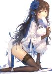  alternate_costume arm_support ass bangs black_hair blue_ribbon blush breasts bridal_gauntlets brown_gloves brown_legwear china_dress chinese_clothes commentary_request covered_mouth dress eyebrows_visible_through_hair fan flower garter_straps girls_frontline gloves hair_between_eyes hair_flower hair_ornament hairband holding holding_fan katee kneeling lace lace-trimmed_thighhighs large_breasts leaning_forward leg_ribbon long_hair looking_at_viewer messy_hair mole mole_under_eye panties paper_fan pelvic_curtain pumps qbz-95_(girls_frontline) ribbon side-tie_panties sidelocks simple_background solo thighhighs thighs uchiwa underwear very_long_hair white_background white_footwear white_panties white_ribbon wide_sleeves wrist_ribbon yellow_eyes 