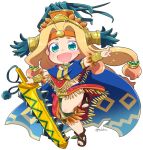  :d aztec bead_necklace beads blonde_hair blue_cape blush bracer brown_footwear cape chibi chin_piercing fang fate/grand_order fate_(series) feathers full_body green_eyes hair_beads hair_intakes hair_ornament headband headdress holding holding_sword holding_weapon jewelry leg_up loincloth long_hair low-tied_long_hair miniskirt neck_ring necklace open_mouth piercing poncho quetzalcoatl_(fate/grand_order) red_skirt sandals simple_background skirt smile solo standing standing_on_one_leg sword tsukko_(3ki2ne10) twitter_username very_long_hair weapon white_background 