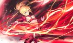  artist_name black_legwear blonde_hair breasts clarent detached_sleeves electricity fate/apocrypha fate/grand_order fate_(series) green_eyes kousaki_rui mordred_(fate) mordred_(fate)_(all) ponytail red_scrunchie scrunchie small_breasts stomach sword weapon 