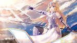  :d armor armored_dress black_legwear blonde_hair blue_eyes blurry cloud cloudy_sky commentary_request depth_of_field fate/apocrypha fate_(series) flagpole gauntlets headpiece holding jeanne_d'arc_(fate) jeanne_d'arc_(fate)_(all) long_hair mobu_(wddtfy61) open_mouth petals sky smile solo thighhighs twilight v-shaped_eyebrows wind 