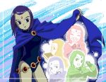  1girl abstract_background aliasing belt bespectacled book border cape cowboy_shot dithering glasses leotard looking_at_viewer looking_back lowres makihosaku outside_border raven_(dc) smile standing teen_titans 