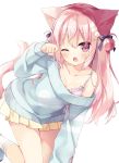  ;o all_fours animal_ears bow bra cat_ears cat_tail commentary_request double_bun hair_bow hair_ornament hair_ribbon hairclip hoshi_(snacherubi) kneehighs long_hair looking_at_viewer one_eye_closed original paw_pose pink_bra pink_eyes pink_hair pleated_skirt ribbon simple_background skirt solo sweater tail underwear white_background white_legwear 