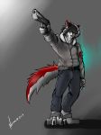  anthro blood canine clothed clothing fur gun hair handgun male mammal ndragon3 pistol ranged_weapon simple_background solo standing teeth weapon wounded 