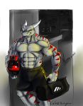  anthro boxing_gloves clothed clothing dragon horn looking_at_viewer male muscular muscular_male ndragon3 solo topless vein walking 
