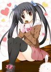  alice_or_alice black_hair black_legwear blue_ribbon bow brown_coat brown_eyes can coat eyebrows_visible_through_hair floating_hair frilled_skirt frills fur_trim gloves hair_between_eyes hair_ribbon head_tilt heart highres holding holding_can kisaki_(alice_or_alice) korie_riko long_hair looking_at_viewer miniskirt pink_bow pink_gloves pink_skirt ribbon shiny shiny_clothes shoe_bow shoes sitting skirt smile solo thighhighs twintails very_long_hair 