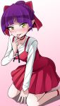  :p bangs blunt_bangs blush bow choker commentary_request dress gegege_no_kitarou gradient gradient_background hair_bow highres kayama_kenji kneeling looking_to_the_side nekomusume nekomusume_(gegege_no_kitarou_6) pink_background pointy_ears purple_hair red_bow red_choker red_dress short_hair solo tongue tongue_out yellow_eyes 