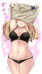  armpits arms_up ass_visible_through_thighs black_bra black_panties blonde_hair blush bra breasts cleavage collarbone commentary_request gambier_bay_(kantai_collection) highres kantai_collection lace lace-trimmed_bra lace-trimmed_panties lingerie long_hair low_twintails medium_breasts motion_lines navel open_mouth panties solo standing stomach suzuki_toto sweatdrop thigh_gap thighs trembling twintails two-tone_background underwear undressing white_background 