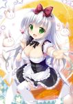  :d alice_or_alice apron arm_strap artist_name black_bow black_neckwear black_skirt blush bow bowtie breasts bunny choker cleavage corset crescent_moon eyebrows_visible_through_hair floating_hair frilled_apron frilled_skirt frills green_eyes hair_between_eyes hair_bow heart_lollipop highres holding_lollipop large_breasts long_hair mikeou miniskirt moon open_mouth outstretched_arm red_bow rise_(alice_or_alice) silver_hair sitting skirt smile solo thighhighs very_long_hair white_apron white_legwear wrist_cuffs 