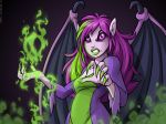  2005 breasts clothed clothing digital_media_(artwork) faerie_(neopets) female green_hair green_lips hair humanoid looking_at_viewer membranous_wings multicolored_hair neopets official_art purple_eyes purple_hair purple_sclera purple_skin purple_wings simple_background solo wings 