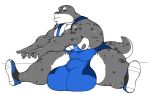  anthro bulge clothed clothing footwear hyper hyper_bulge lizard male overweight overweight_male pecs reptile scalie shoes sitting solo stretching tezukuri tight_clothing 