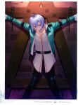  absurdres ahoge aqua_jacket arm_strap arms_up belt black_pants blue_eyes bound bound_arms bound_legs brick_wall buckle chain chained crucifixion dungeon hair_between_eyes highres indoors jacket long_sleeves male_focus open_clothes open_jacket outstretched_arms pants restrained scan shining_(series) shining_resonance shining_resonance_collection_of_visual_materials shiny shirt silver_hair solo spread_arms standing stationary_restraints tanaka_takayuki white_shirt yuma_ilburn 