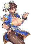  absurdres blue_dress bracelet breasts brown_eyes brown_hair brown_legwear bun_cover china_dress chinese_clothes chun-li cleavage_cutout covered_nipples double_bun dress earrings eyeshadow fengmo hand_on_hip highres huge_breasts jewelry lips lipstick makeup pantyhose parted_lips pelvic_curtain puffy_short_sleeves puffy_sleeves red_lipstick short_sleeves side_slit simple_background solo spiked_bracelet spikes street_fighter white_background 