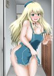  adapted_costume apron apron_lift atago_(kantai_collection) beret blonde_hair blue_apron blue_hat blush breasts choker collarbone eyebrows_visible_through_hair green_eyes hat highres jewelry kantai_collection large_breasts lifted_by_self long_hair naked_apron ring solo teeth wedding_band yano_toshinori 