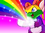  2006 3_fingers 4:3 4_ears acara blue_eyes blue_fur digital_media_(artwork) fur green_fur multi_ear multicolored_fur neopets official_art open_mouth orange_fur purple_fur rainbow rainbow_fur red_fur semi-anthro simple_background smile solo standing tongue yellow_fur 