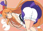  ass bare_arms bare_shoulders belt bent_over black_belt bloomers blouse blush bow commentary_request eyebrows_visible_through_hair feet_out_of_frame gourd hair_bow horn_ribbon horns ibuki_suika long_hair looking_at_viewer low-tied_long_hair oni oni_horns orange_background orange_hair parted_lips pointy_ears purple_ribbon purple_skirt red_bow ribbon sidelocks simple_background skirt sleeveless_blouse solo standing taketora_suzume touhou underwear very_long_hair white_bloomers white_blouse wrist_cuffs yellow_eyes 