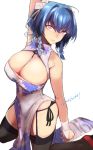  ahoge alternate_costume arm_at_side arm_behind_head armpits azur_lane bangs bare_shoulders black_legwear black_panties blue_hair blush bow braid breasts bridal_gauntlets calligraphy_brush china_dress chinese_clothes cleavage cleavage_cutout closed_mouth commentary_request crossed_bangs dress eyebrows_visible_through_hair floral_print garter_straps gloves hair_between_eyes hair_bow hair_ribbon highres kneeling kojima_(blue_stardust) large_breasts long_hair looking_at_viewer paintbrush panties pelvic_curtain pumps purple_bow purple_eyes red_footwear ribbon side-tie_panties side_braid side_slit sidelocks signature simple_background smile solo st._louis_(azur_lane) thighhighs thighs underwear white_background white_bow white_dress white_ribbon 