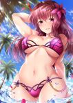  arm_up ass_visible_through_thighs bangs bare_shoulders beach bikini blue_sky blush breasts cleavage collarbone commentary_request day eyebrows_visible_through_hair fate/grand_order fate_(series) flower gae_bolg garana hair_between_eyes hair_flower hair_ornament hibiscus highres hips large_breasts lens_flare light_particles long_hair looking_at_viewer navel ocean open_mouth palm_tree petals purple_bikini purple_hair red_eyes scathach_(fate)_(all) scathach_(swimsuit_assassin)_(fate) sky smile solo sunlight swimsuit tree wading 