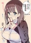  blush bouncing_breasts breasts brown_hair commentary_request green_eyes hitsuji_takako large_breasts long_sleeves original school_uniform short_hair solo translation_request 
