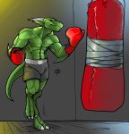  anthro boxing_gloves clothed clothing colored_sketch horn jewelry male muscular muscular_male ndragon3 necklace sandbag scalie solo standing topless 