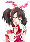  :d \m/ artist_name bangs bico_(bicoris) black_hair blush bow bowtie bracelet center_frills double_\m/ hairband highres jewelry looking_at_viewer love_live! love_live!_school_idol_project open_mouth polka_dot_hairband red_bow red_eyes red_hairband red_neckwear sash short_sleeves sidelocks simple_background smile solo twintails upper_body white_background wrist_bow yazawa_nico 