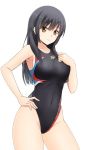  arena_(company) black_hair black_swimsuit brown_eyes commentary_request competition_swimsuit contrapposto covered_navel cowboy_shot fuuma_nagi long_hair looking_at_viewer one-piece_swimsuit original simple_background solo standing swimsuit white_background 