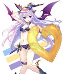  abusoru arm_up bangs bare_shoulders bikini breasts demon_wings eyebrows_visible_through_hair hair_ornament halter_top halterneck heart highres holding holding_innertube innertube long_hair looking_at_viewer navel pointy_ears purple_eyes purple_hair shiny shiny_skin simple_background small_breasts smile solo standing stomach sweat swimsuit thigh_strap very_long_hair white_background wings yellow_innertube 