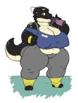  anthro big_breasts breasts clothed clothing female horn huge_breasts looking_at_viewer nipple_bulge overweight overweight_female scalie solo standing tezukuri water_bottle 