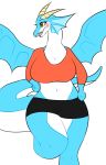  2018 anthro better_version_at_source big_breasts blue_scales blush breasts cleavage clothed clothing digital_media_(artwork) dragon female green_eyes horn napdust scales small_head smile solo thick_thighs wings 