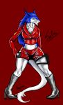  anthro blue_hair boots clothing female footwear fur hair looking_at_viewer ndragon3 sergal solo thick_thighs tight_clothing wide_hips 