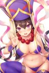  absurdres bead_necklace beads bikini black_hair breasts bridal_gauntlets earrings fate/grand_order fate_(series) hair_between_eyes hat highres hoop_earrings jewelry large_breasts long_hair necklace open_mouth prayer_beads purple_bikini purple_eyes purple_legwear samoore simple_background solo swimsuit thighhighs white_background xuanzang_(fate/grand_order) 
