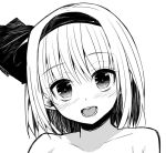  :d bare_shoulders black_hairband black_ribbon blush collarbone commentary_request eyebrows_visible_through_hair greyscale hair_ribbon hairband head_tilt konpaku_youmu looking_at_viewer monochrome nigo_(aozoragarou) open_mouth ribbon short_hair simple_background smile solo touhou upper_body white_background 