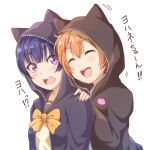  :d ^_^ animal_hood bangs black_jacket blue_hair blush bow bowtie cat_hood closed_eyes eyebrows_visible_through_hair hand_on_another's_shoulder hood hood_up hoshizora_rin jacket kanabun love_live! love_live!_school_idol_project love_live!_sunshine!! multiple_girls open_mouth orange_hair purple_eyes school_uniform serafuku simple_background smile translated tsushima_yoshiko upper_body white_background yellow_neckwear 