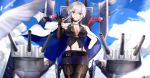  azur_lane bangs belt bird black_gloves black_legwear blue_eyes blue_sky blurry boots breasts cannon chain check_commentary choker cleavage cloud collarbone commentary commentary_request cowboy_shot cross cross_necklace day depth_of_field eternity_(pixiv8012826) eyebrows_visible_through_hair eyes_visible_through_hair floating_hair gloves hair_between_eyes half_gloves hand_on_hip hand_up head_tilt highres jacket_on_shoulders jewelry large_breasts looking_at_viewer machinery military_jacket mole mole_on_breast navel necklace outdoors pantyhose parted_lips pencil_skirt short_hair sidelocks silver_hair skirt sky smile solo thigh_boots thighhighs washington_(azur_lane) wind wind_lift wrist_straps 