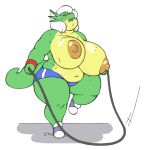  anthro big_breasts breasts clothed clothing exercise female footwear huge_breasts nipples open_mouth overweight scalie shoes skipping_rope slightly_chubby solo sweat tezukuri topless voluptuous 