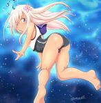  air_bubble ass barefoot black_swimsuit blonde_hair blue_eyes blue_sailor_collar bubble crop_top flower freediving from_behind full_body hair_flower hair_ornament highres kantai_collection long_hair looking_at_viewer looking_back one-piece_swimsuit one-piece_tan ro-500_(kantai_collection) sailor_collar school_swimsuit solo swimming swimsuit swimsuit_under_clothes tamayan tan tanline twitter_username underwater 