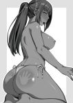  :o ass blush breasts greyscale hai_ookami heart heart-shaped_pupils highres kneeling large_breasts long_hair looking_back monochrome panties shoulder_blades side-tie_panties slap_mark solo spanked sweat symbol-shaped_pupils thong topless underwear 