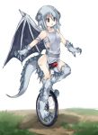  1girl blue_eyes dragon_girl dragon_tail dragon_wings female monster_girl open_mouth original pippi_(artist) silver_hair solo unicycle 