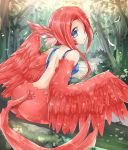  1girl ass back bare_back blue_eyes feathered_wings feathers female from_behind hair_over_one_eye harpy looking_back monster_girl nature original outdoors pippi_(artist) red_hair solo wings 