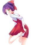  absurdres bangs bare_legs barefoot blush bow choker clenched_teeth dress embarrassed eyebrows_visible_through_hair feet from_behind gegege_no_kitarou green_eyes hair_bow highres leaning_forward leg_up long_sleeves looking_at_viewer looking_back nekomusume nekomusume_(gegege_no_kitarou_6) panties panties_around_ankles panty_pull parted_bangs pinafore_dress pointy_ears purple_eyes realdragon red_bow red_choker red_dress shiny shiny_hair shirt short_hair simple_background soles solo standing standing_on_one_leg teeth toes tsurime underwear undressing white_background white_panties white_shirt 