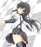  :d arm_warmers asashio_(kantai_collection) ass back bangs black_hair black_legwear blue_eyes checkered checkered_background eyebrows_visible_through_hair highres kantai_collection long_hair looking_at_viewer looking_back open_mouth outline panties pleated_skirt school_uniform shirt short_sleeves skirt smile solo suspenders tamayan thighhighs twitter_username underwear white_outline white_panties white_shirt 