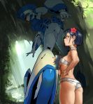  ass belt bikini blue_hair breasts brown_eyes choker commentary_request cup darling_in_the_franxx delphinium_(darling_in_the_franxx) disposable_cup drinking_straw earrings fingernails flower from_behind grey_bikini grey_choker hair_flower hair_ornament hand_on_hip highres hirundo_rustica holding holding_cup ichigo_(darling_in_the_franxx) jewelry korean_commentary looking_at_viewer looking_back mecha medium_breasts mole mole_under_eye nail_polish nature parted_lips profile red_nails short_hair sideways_glance standing strapless strapless_bikini swimsuit underboob wet white_bikini 