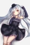  arm_up armpits bangs bare_shoulders black_dress black_gloves black_hat bowler_hat doll_joints dress elbow_gloves eyebrows_visible_through_hair feet_out_of_frame frilled_dress frills gloves granblue_fantasy grey_background grey_hair hand_on_own_chest hat head_tilt highres jewelry knee_up kure_(kure_ng) long_hair looking_at_viewer lying mini_hat necklace on_back orchis parted_bangs red_eyes shiny shiny_hair simple_background sleeveless sleeveless_dress solo twintails very_long_hair 