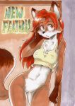  2018 athletic bottomless breasts brown_eyes brown_fur canine clothed clothing daigaijin eyebrows female fox fur gloves_(marking) hair kris_(vixenchan) long_hair looking_at_viewer mammal markings navel nipples pussy red_fur red_hair shirt solo tank_top thigh_gap traditional_media_(artwork) vixen_defea 