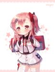  backpack bag bangs black_gloves blush bow braid character_name closed_mouth commentary eyebrows_visible_through_hair foreign_blue girls_frontline gloves hair_between_eyes hair_bow hair_ornament hexagram jacket long_hair long_sleeves looking_at_viewer negev_(girls_frontline) one_side_up pink_hair red_bow red_eyes shirt skirt sleeves_past_wrists smile solo star star_of_david thighhighs very_long_hair white_background white_jacket white_legwear white_shirt white_skirt younger 